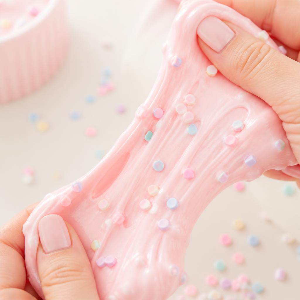 Hands stretching pale pink slime with pastel beads